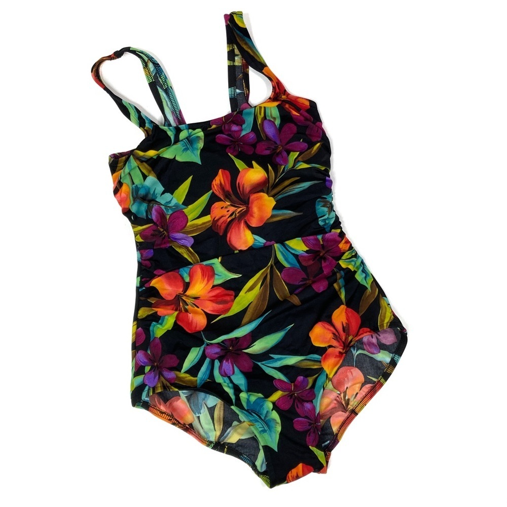 Shape Solver | Vintage Black Tropical Floral One-Piece Swimsuit LONG NWOT